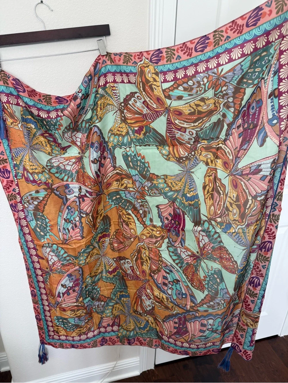 Johnny Was 100% Silk Butterfly Tassel Scarf